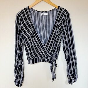 Hollister Black & White Striped Wrap Long Sleeve Top
